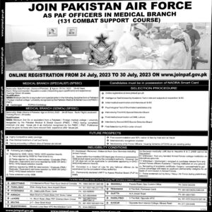 Join Pakistan Air Force as PAF Officer in Medical Branch