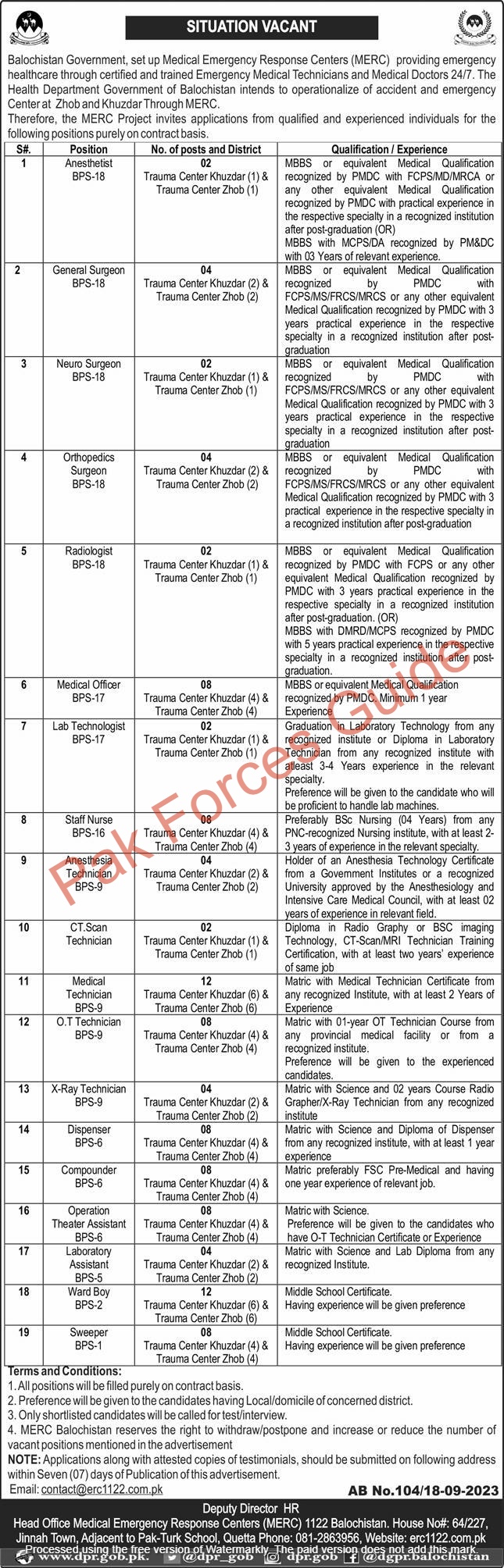 Medical Emergency Response Centre MERC Quetta Jobs 2023