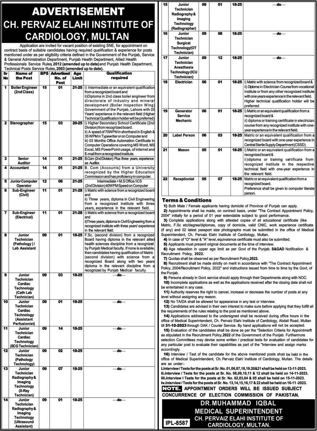 Chaudhry Pervaiz Elahi Institute of Cardiology Multan Jobs 2023