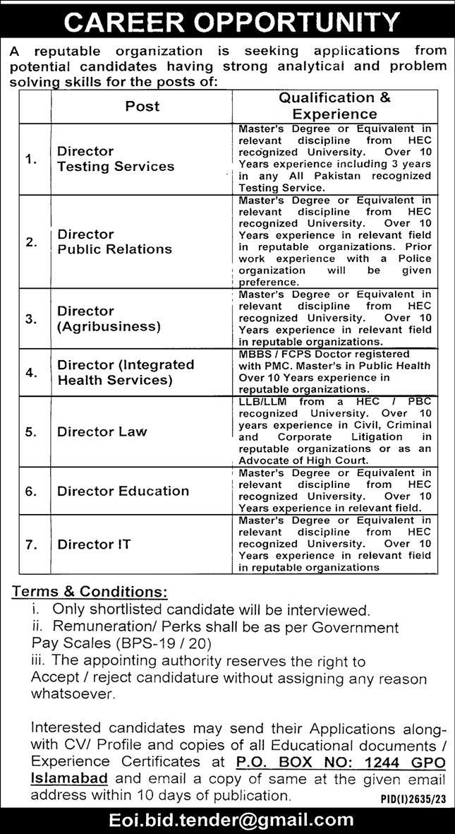 Public Sector Organization Islamabad Management Jobs 2023