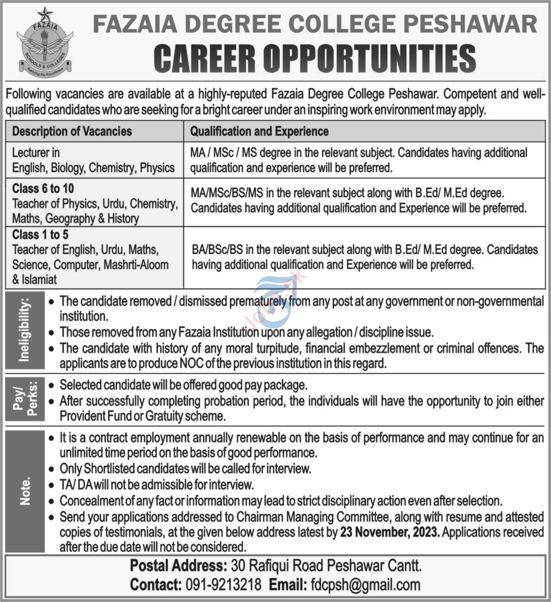 Faiza Degree College Peshawar Jobs 2023