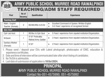 Army Public School Muree Road Jobs 2024