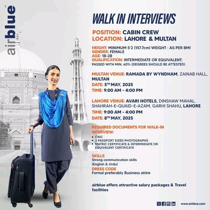 Air Blue Cabin Crew Lahore and Multan Jobs 2025